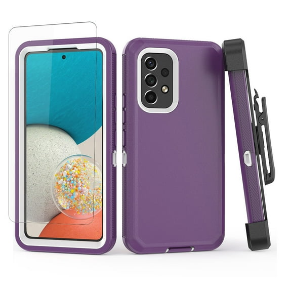 NIFFPD Samsung Galaxy A53 5G Case with Screen Protector Full-Body Shockproof Phone Case for Galaxy A53 5G with Belt-Clip Holster Purple&White