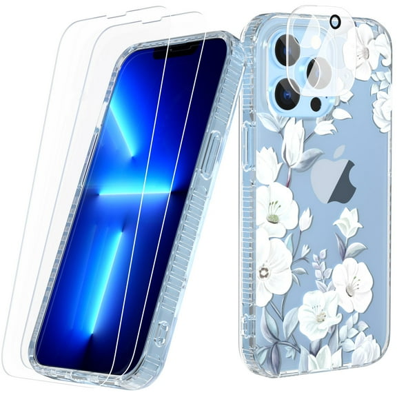 NIFFPD iPhone 13 Pro Case with Screen Protector+ Camera Lens Protector Soft & Flexible TPU Shockproof Cover Case for Women Flower Pattern Design Phone Case