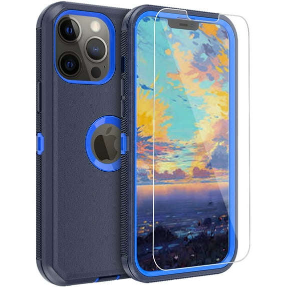 NIFFPD iPhone 13 Pro Case with Screen Protector, Heavy Duty Hard Shockproof Protective Phone Case for iPhone 13 Pro 6.1" Black+Dark Blue