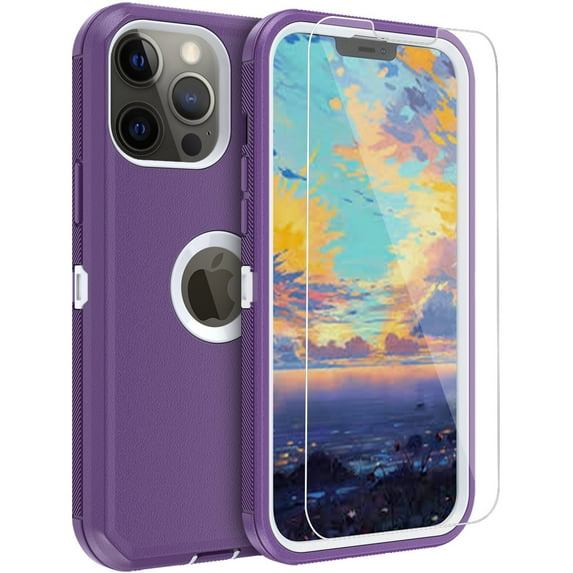 NIFFPD iPhone 13 Pro Case with Screen Protector, Heavy Duty Hard Shockproof Protective Phone Case for iPhone 13 Pro 6.1" Purple+White