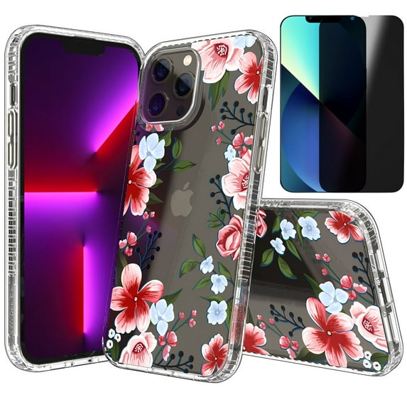 NIFFPD iPhone 13 Pro with Screen Protector (Anti Spy Privacy) Clear Flower Soft & Flexible Shockproof Cover iPhone 13 Pro Case for Women Catharanthus Pink