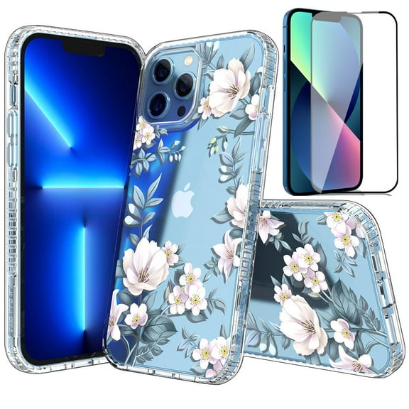 NIFFPD iPhone 13 Pro with Screen Protector (Black Border) Clear Flower Soft & Flexible Shockproof Cover iPhone 13 Pro Case for Women Magnolia White