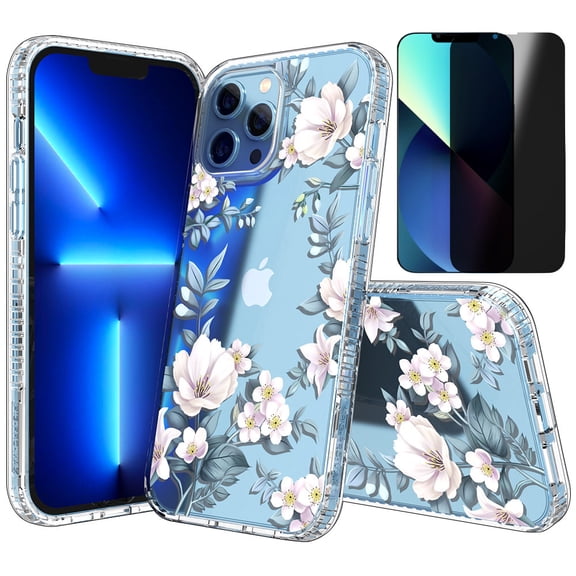 NIFFPD iPhone 13 Pro with Screen Protector (Black Border) Clear Flower Soft & Flexible Shockproof Cover iPhone 13 Pro Case for Women Magnolia White