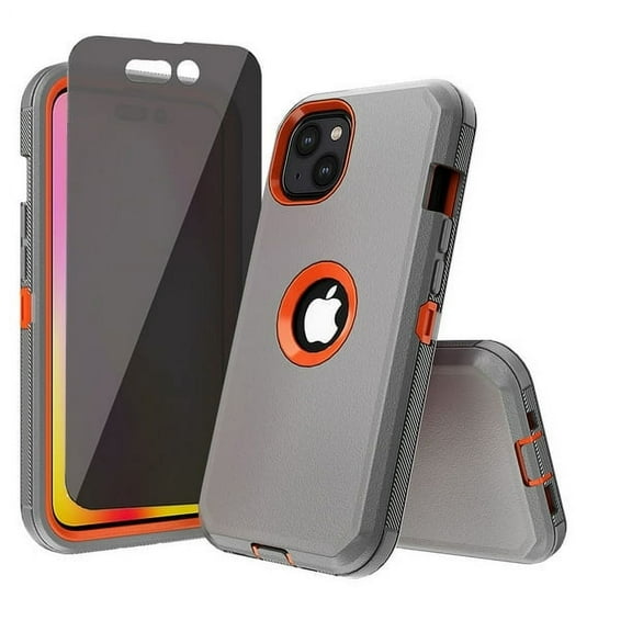 NIFFPD iPhone 14 Case with Privacy Screen Protector Military Grade Heavy Duty Protection 3 in 1 Shockproof Armor Rugged Durable Detachable for iPhone 14 6.1 inch 2022 Phone - Gray+Orange