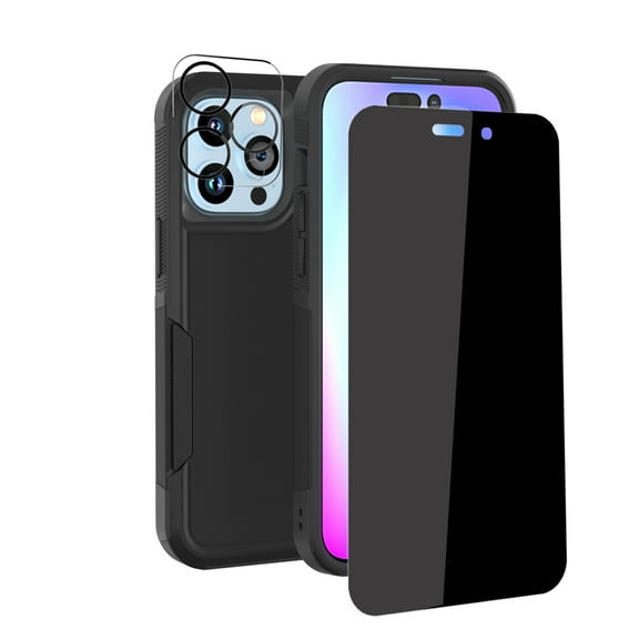 NIFFPD iPhone 14 Case with Screen Protector（Anti Spy Privacy） + Camera Lens Protector, Shockproof Full Coverage Protective Cover Phone Case for iPhone 14 6.1" Black