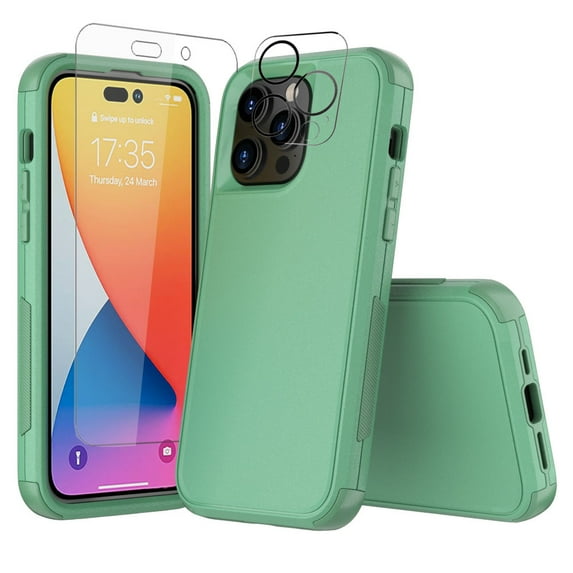 NIFFPD iPhone 14 Case with Screen Protector + Camera Lens Protector, Heavy Duty Hard Shockproof Phone Case for iPhone 14 6.1" Green
