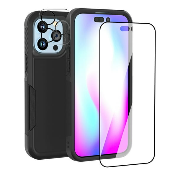 NIFFPD iPhone 14 Case with Screen Protector + Camera Lens Protector, Shockproof Full Coverage Protective Cover Phone Case for iPhone 14 6.1" Black