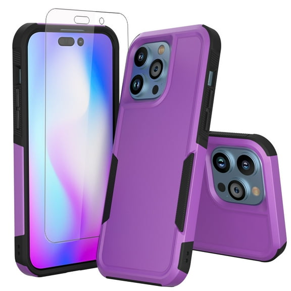NIFFPD iPhone 14 Case with Screen Protector, Shockproof Full Coverage Protective Cover Phone Case for iPhone 14 6.1" Purple