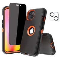 NIFFPD iPhone 14 Plus Case with Screen Protector (Anti Spy Privacy) Camera Lens Protector, Heavy Duty Hard Shockproof Phone Case for iPhone 14 Plus 6.7" Black Orange