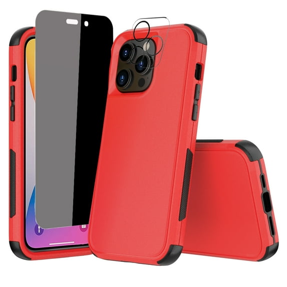 NIFFPD iPhone 14 Plus Case with Screen Protector(Anti Spy Privacy) + Camera Lens Protector, Heavy Duty Hard Shockproof Phone Case for iPhone 14 Plus 6.7" Red+Black