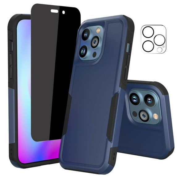 NIFFPD iPhone 14 Plus Case with Screen Protector(Anti Spy Privacy) + Camera Lens Protector, Shockproof Full Coverage Protective Cover Phone Case for iPhone 14 Plus 6.7" Blue