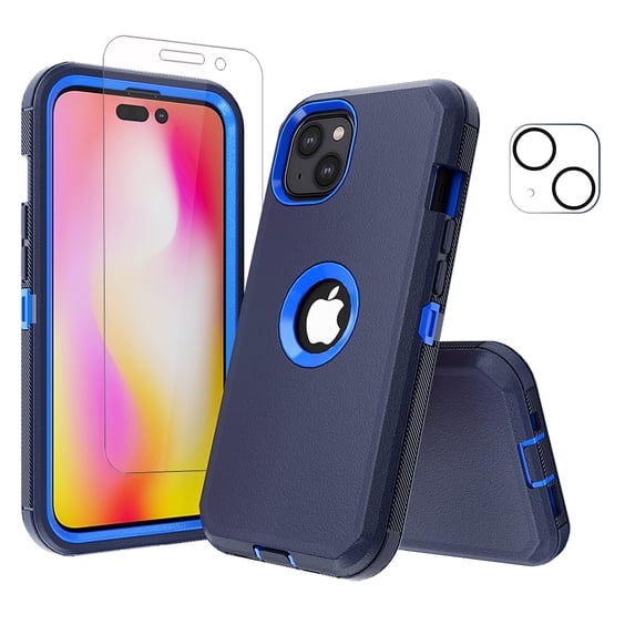 NIFFPD iPhone 14 Plus Case with Screen Protector + Camera Lens Protector, Heavy Duty Hard Shockproof Phone Case for iPhone 14 Plus 6.7" Dark Blue+Blue