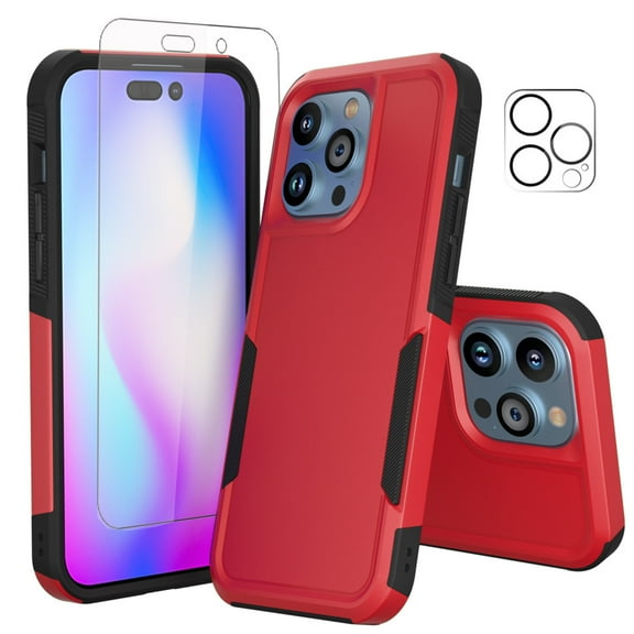 NIFFPD iPhone 14 Plus Case with Screen Protector + Camera Lens Protector, Shockproof Full Coverage Protective Cover Phone Case for iPhone 14 Plus 6.7" Red+Black