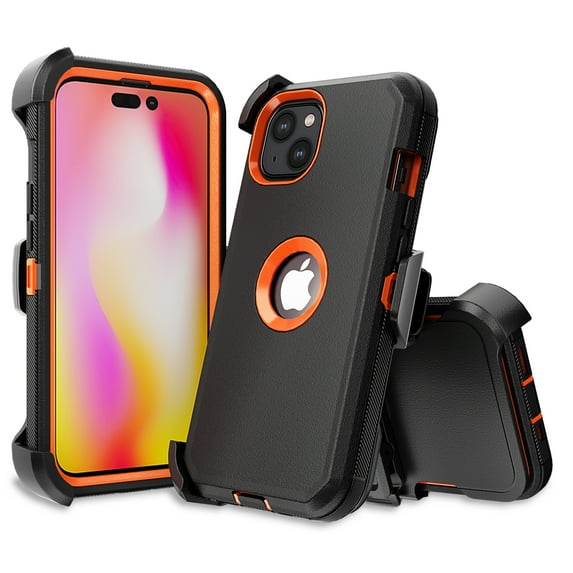NIFFPD iPhone 14 Plus Case with Belt-Clip Holster , Heavy Duty Hard Shockproof Protective Phone Case for iPhone 14 Plus 6.7" Black+Orange