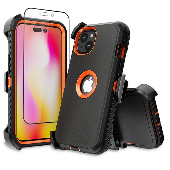 NIFFPD iPhone 14 Plus Case with Screen Protector + Belt-Clip Holster, Heavy Duty Hard Shockproof Phone Case for iPhone 14 Plus 6.7" Black+Orange