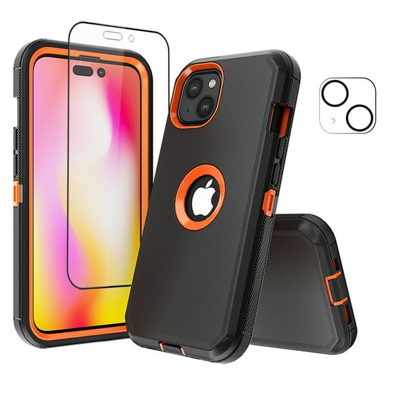 NIFFPD iPhone 14 Plus Case with Screen Protector + Camera Lens Protector, Heavy Duty Hard Shockproof Phone Case for iPhone 14 Plus 6.7" Black+Orange