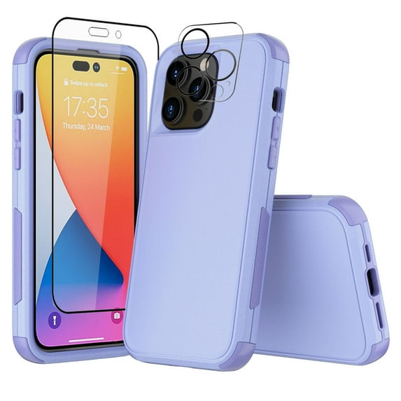 NIFFPD iPhone 14 Plus Case with Screen Protector + Camera Lens Protector, Heavy Duty Hard Shockproof Phone Case for iPhone 14 Plus 6.7" Light Purple
