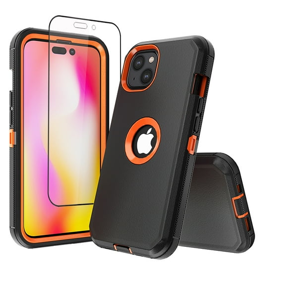 NIFFPD iPhone 14 Plus Case with Screen Protector, Heavy Duty Hard Shockproof Protective Phone Case for iPhone 14 Plus 6.7" Black+Orange