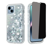 NIFFPD iPhone 14 Plus with Screen Protector（Anti Spy Privacy）, Bling Glitter Quicksand Sparkle Clear & Shockproof Protective Cover iPhone 14 Plus 6.7" Silver