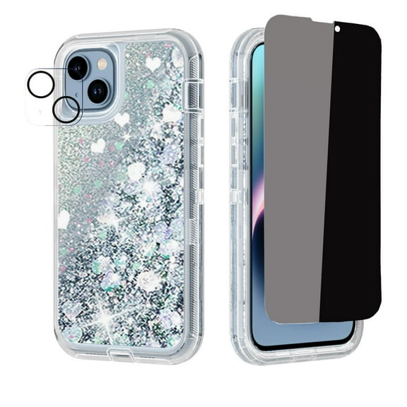 NIFFPD iPhone 14 Plus with Screen Protector(Anti Spy Privacy) + Camera Lens Protector, Bling Glitter Quicksand Sparkle Clear & Shockproof Protective Cover iPhone 14 Plus 6.7" Silver