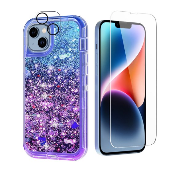 NIFFPD iPhone 14 Plus with Screen Protector + Camera Lens Protector, Bling Glitter Quicksand Sparkle Clear & Shockproof Protective Cover iPhone 14 Plus 6.7" Blue+Purple