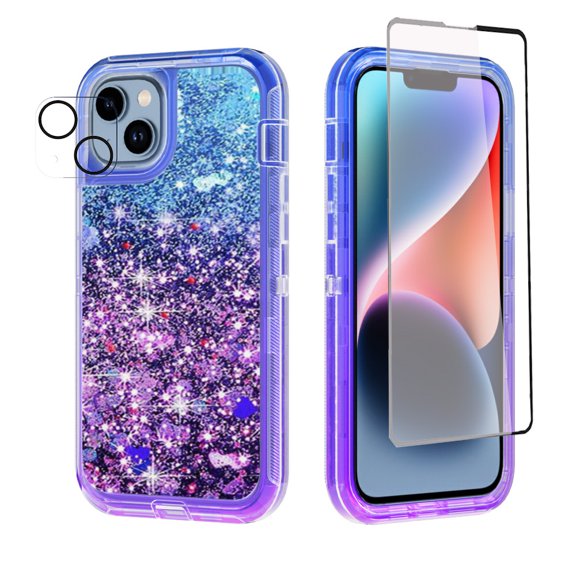 NIFFPD iPhone 14 Plus with Screen Protector + Camera Lens Protector, Bling Glitter Quicksand Sparkle Clear & Shockproof Protective Cover iPhone 14 Plus 6.7" Blue+Purple