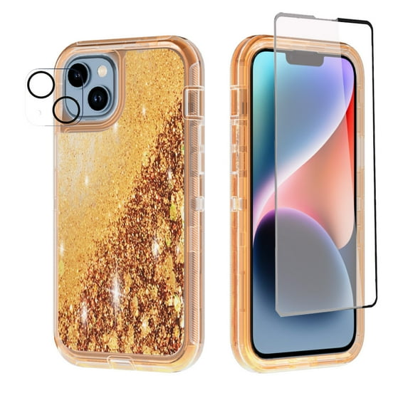 NIFFPD iPhone 14 Plus with Screen Protector + Camera Lens Protector, Bling Glitter Quicksand Sparkle Clear & Shockproof Protective Cover iPhone 14 Plus 6.7" Rose+Gold