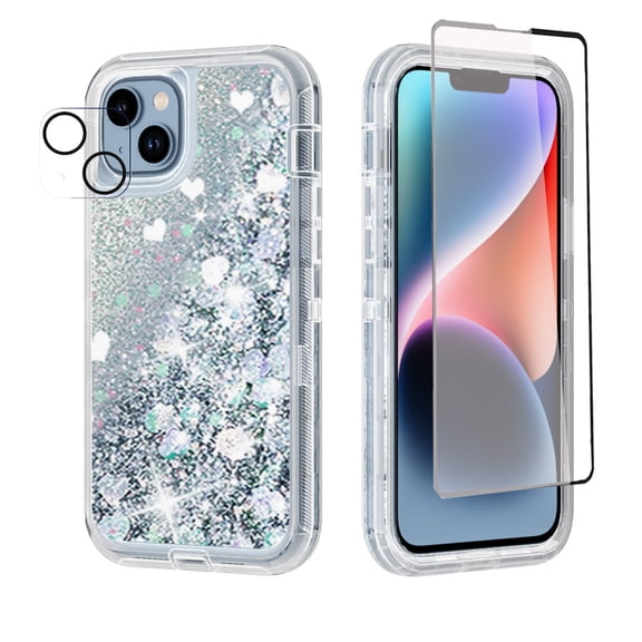 NIFFPD iPhone 14 Plus with Screen Protector + Camera Lens Protector, Bling Glitter Quicksand Sparkle Clear & Shockproof Protective Cover iPhone 14 Plus 6.7" Silver