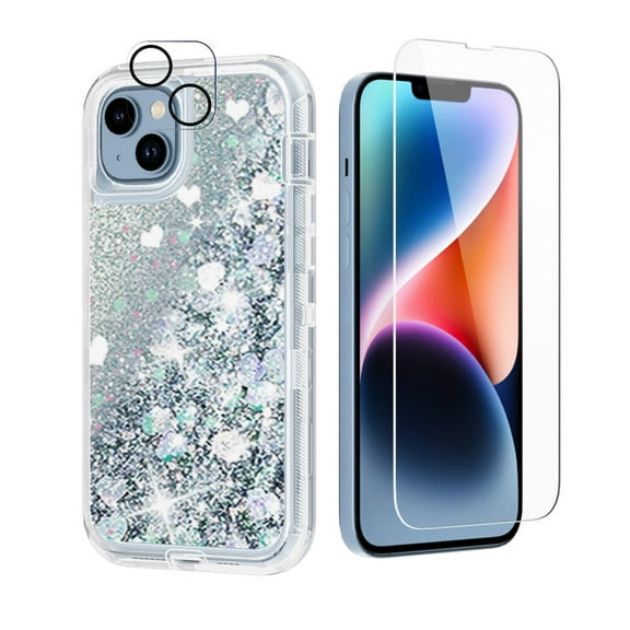 NIFFPD iPhone 14 Plus with Screen Protector + Camera Lens Protector, Bling Glitter Quicksand Sparkle Clear & Shockproof Protective Cover iPhone 14 Plus 6.7" Silver
