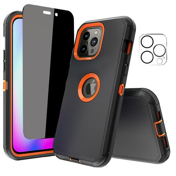 NIFFPD iPhone 14 Pro Case with Screen Protector （Anti Spy Privacy） + Camera Lens Protector, Heavy Duty Hard Shockproof Phone Case for iPhone 14 Pro 6.1" Black+Orange