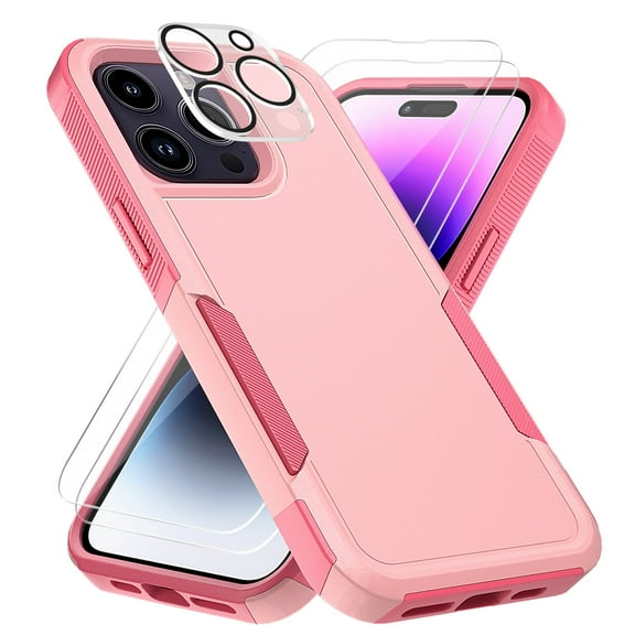 NIFFPD iPhone 14 Pro Case with Screen Protector + Camera Lens Protector, Shockproof Full Coverage Protective Cover Phone Case for iPhone 14 Pro 6.1" Pink