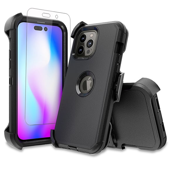 NIFFPD iPhone 14 Pro Case with Screen Protector + Belt-Clip Holster, Heavy Duty Hard Shockproof Phone Case for iPhone 14 Pro 6.1" Black