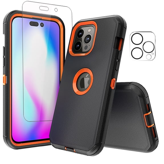 NIFFPD iPhone 14 Pro Case with Screen Protector + Camera Lens Protector, Heavy Duty Hard Shockproof Phone Case for iPhone 14 Pro 6.1" Black+Orange
