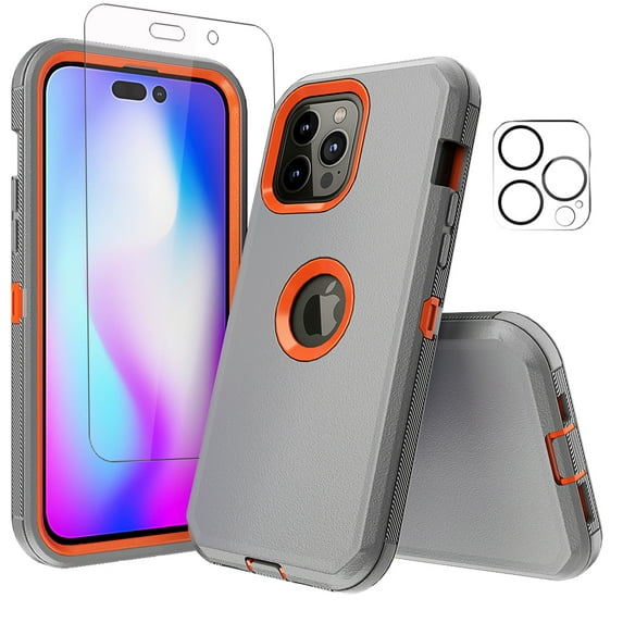 NIFFPD iPhone 14 Pro Case with Screen Protector + Camera Lens Protector, Heavy Duty Hard Shockproof Phone Case for iPhone 14 Pro 6.1" Gray+Orange