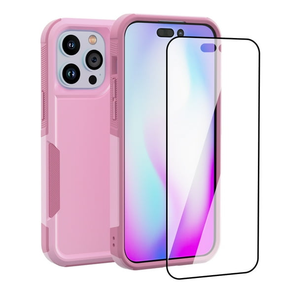 NIFFPD iPhone 14 Pro Case with Screen Protector, Shockproof Full Coverage Protective Cover Phone Case for iPhone 14 Pro 6.1" Pink