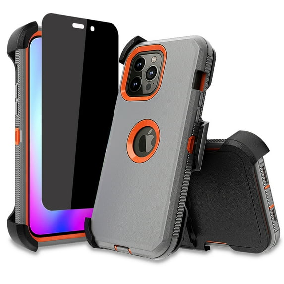 NIFFPD iPhone 14 Pro Max Case with Screen Protector(Anti Spy Privacy) + Belt-Clip Holster, Heavy Duty Hard Shockproof Phone Case for iPhone 14 Pro Max 6.7" Gray+Orange