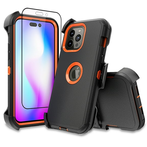 NIFFPD iPhone 14 Pro Max Case with Screen Protector + Belt-Clip Holster, Heavy Duty Hard Shockproof Phone Case for iPhone 14 Pro Max 6.7" Black+Orange