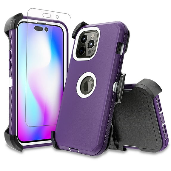 NIFFPD iPhone 14 Pro Max Case with Screen Protector + Belt-Clip Holster, Heavy Duty Hard Shockproof Phone Case for iPhone 14 Pro Max 6.7" Purple+White