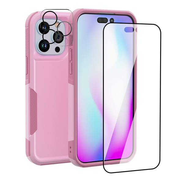 NIFFPD iPhone 14 Pro Max Case with Screen Protector + Camera Lens Protector, Shockproof Full Coverage Protective Cover Phone Case for iPhone 14 Pro Max 6.7" Pink