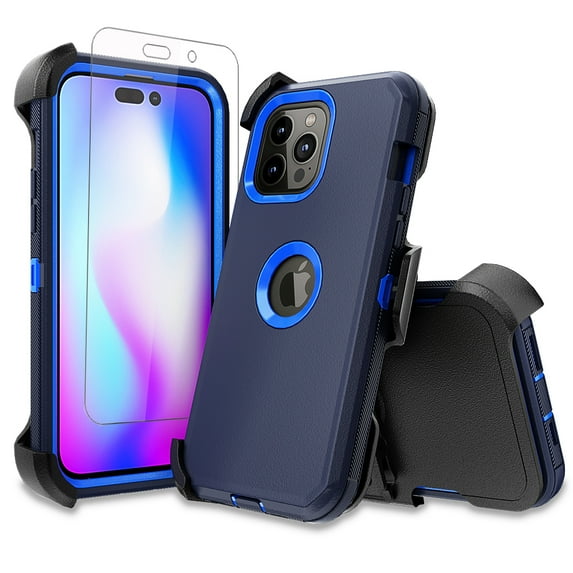 NIFFPD iPhone 14 Pro Max Case with Screen Protector + Belt-Clip Holster, Heavy Duty Hard Shockproof Phone Case for iPhone 14 Pro 6.7" Dark Blue+Blue