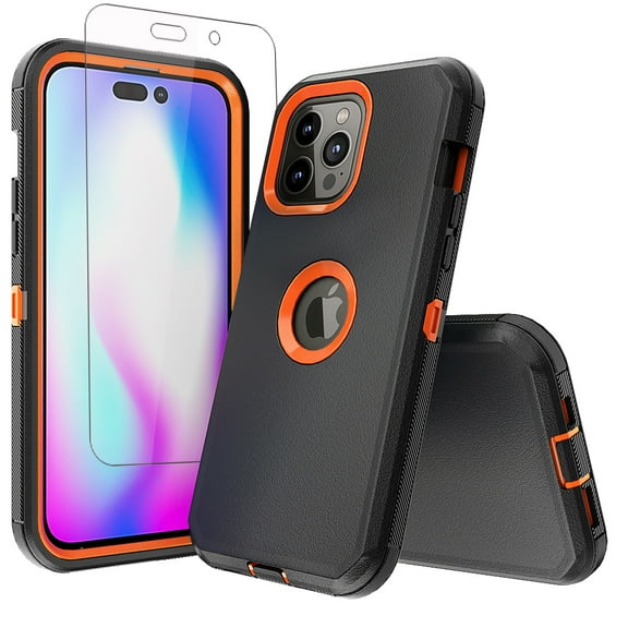 NIFFPD iPhone 14 Pro Max Case with Screen Protector, Heavy Duty Hard Shockproof Protective Phone Case for iPhone 14 Pro Max 6.7" Black+Orange