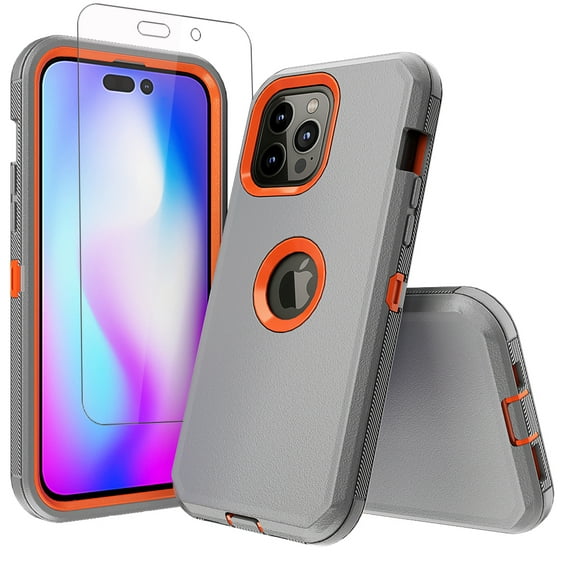 NIFFPD iPhone 14 Pro Max Case with Screen Protector, Heavy Duty Hard Shockproof Protective Phone Case for iPhone 14 Pro Max 6.7" Gray+Orange