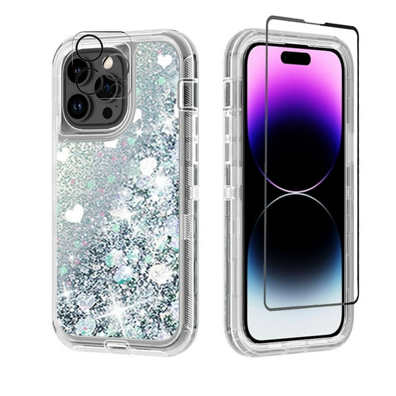 NIFFPD iPhone 14 Pro Max with Screen Protector + Camera Lens Protector, Bling Glitter Quicksand Sparkle Clear & Shockproof Protective Cover iPhone 14 Pro Max 6.7" Silver