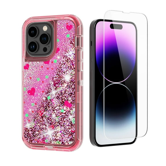 NIFFPD iPhone 14 Pro Max with Screen Protector, Bling Glitter Quicksand Sparkle Clear & Shockproof Protective Cover iPhone 14 Pro Max 6.7" Pink