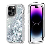 NIFFPD iPhone 14 Pro Max with Screen Protector, Bling Glitter Quicksand Sparkle Clear & Shockproof Protective Cover iPhone 14 Pro Max 6.7" Silver