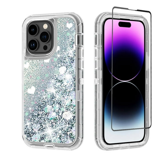 NIFFPD iPhone 14 Pro Max with Screen Protector, Bling Glitter Quicksand Sparkle Clear & Shockproof Protective Cover iPhone 14 Pro Max 6.7" Silver