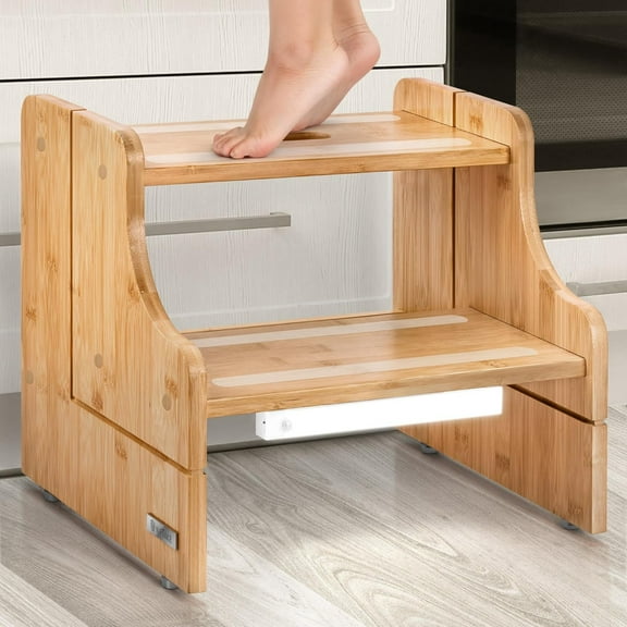 NIFTAKE Kids 2-Step Bamboo Step Stool, 250lb Capacity, Auto night Light