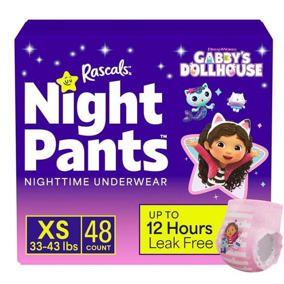 Rascals Night Pants, Absorbent Girls Nighttime Bedwetting Underwear, Gabby's Dollhouse, XS (33-43 lbs), 48 count
