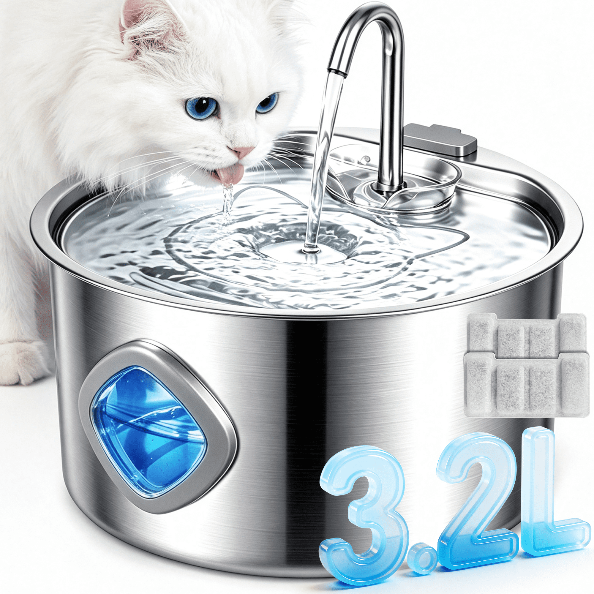 DSOOLO Water Fountain, 3.2L/108oz Automatic Pet Water Fountain Stainless Steel for Cats Dogs with Replacement Filters
