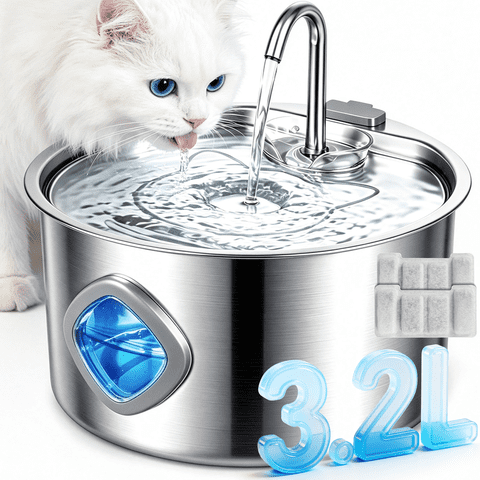 DSOOLO Water Fountain, 3.2L/108oz Automatic Pet Water Fountain Stainless Steel for Cats Dogs with Replacement Filters
